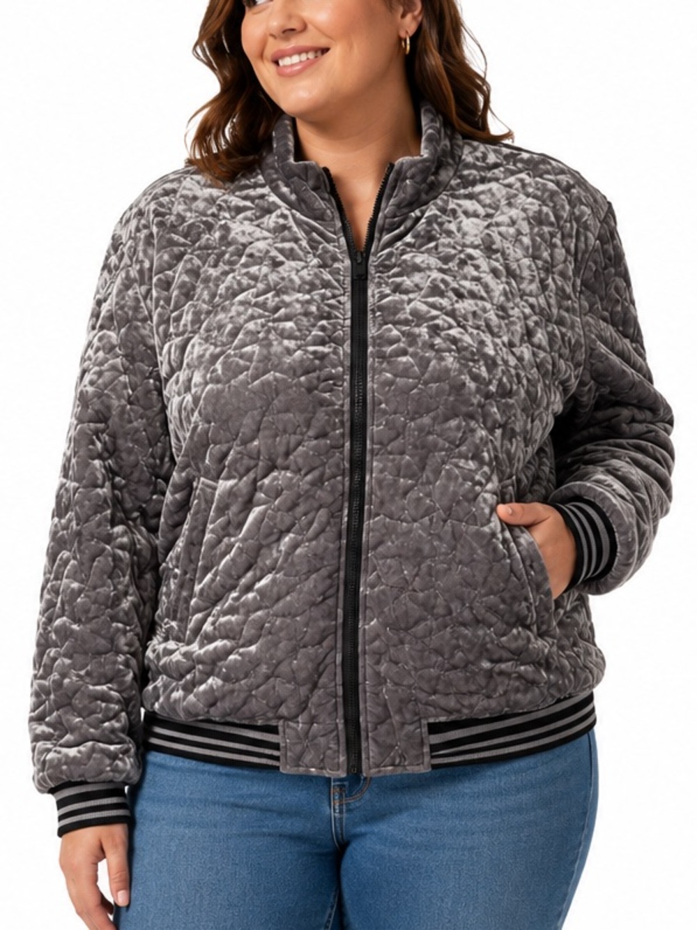 Bernardo Crushed Velvet Quilted Bomber Jacket XL Gray Silver